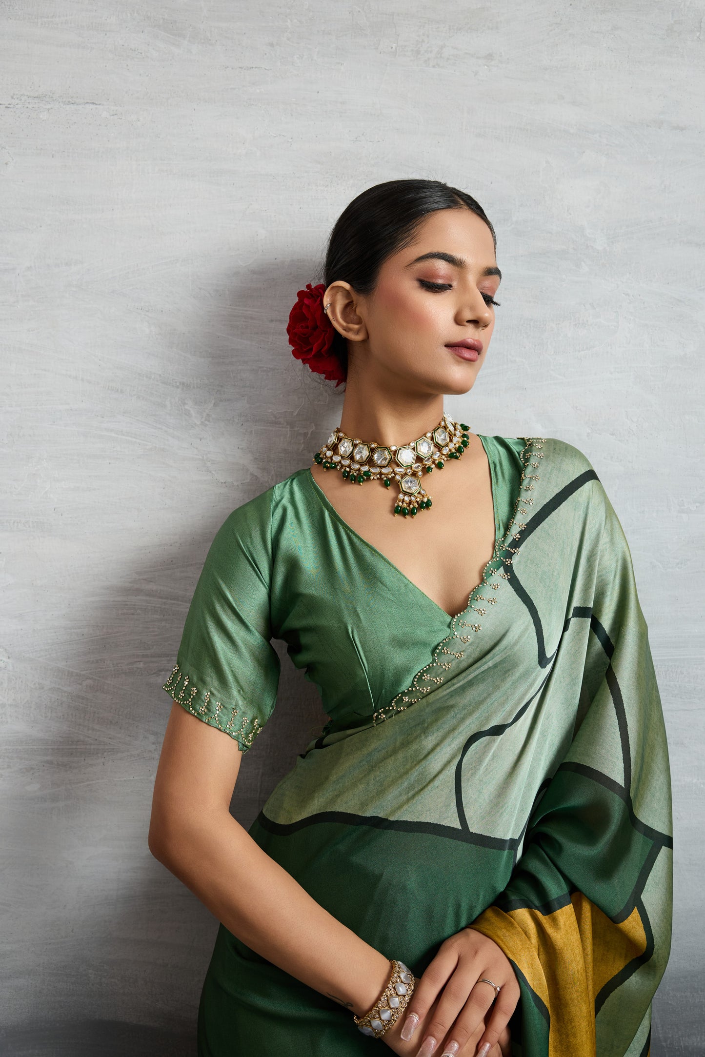 ARTISTIC EMERALD GREEN GEOMETRIC SAREE