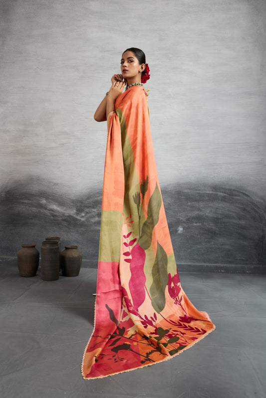 PEACH & OLIVE FLORAL SYMPHONY SAREE