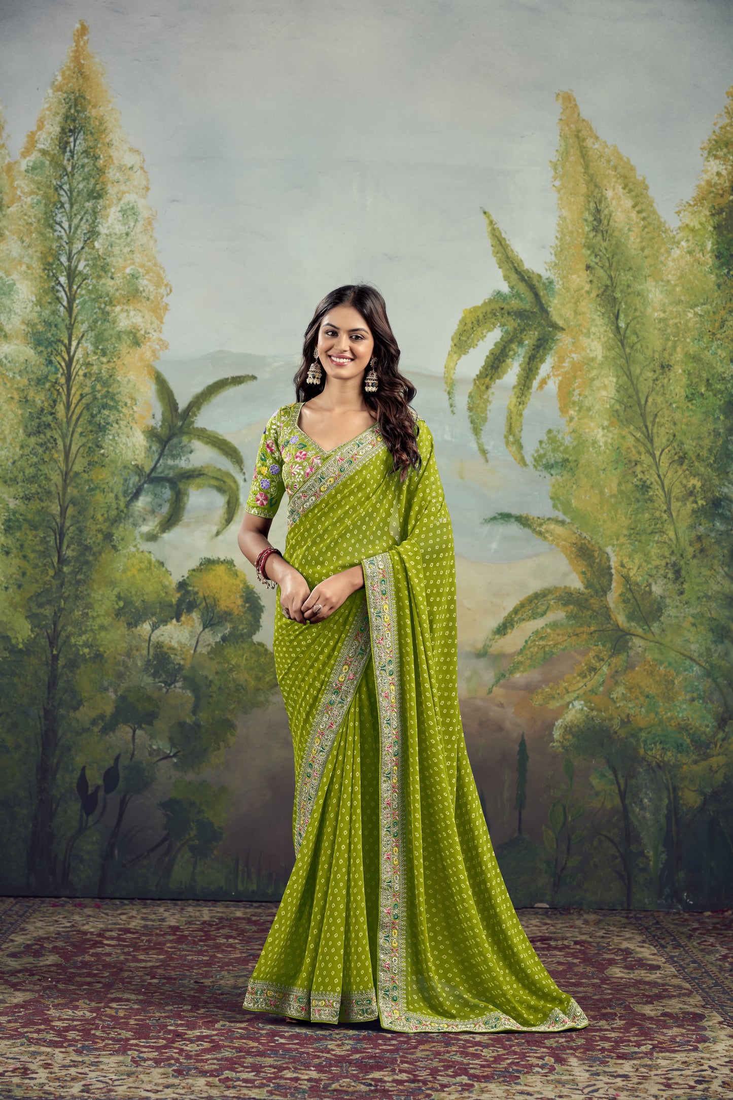 Parrot Bloom Bandhani Celebration Saree