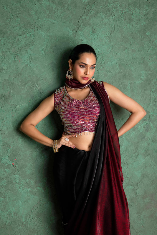 RARIZA SEQUIN EMBELLISHED WINE SAREE