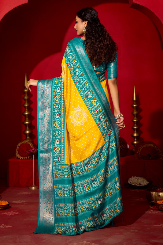YELLOW & TURQUOISE BANDHANI SILK SAREE