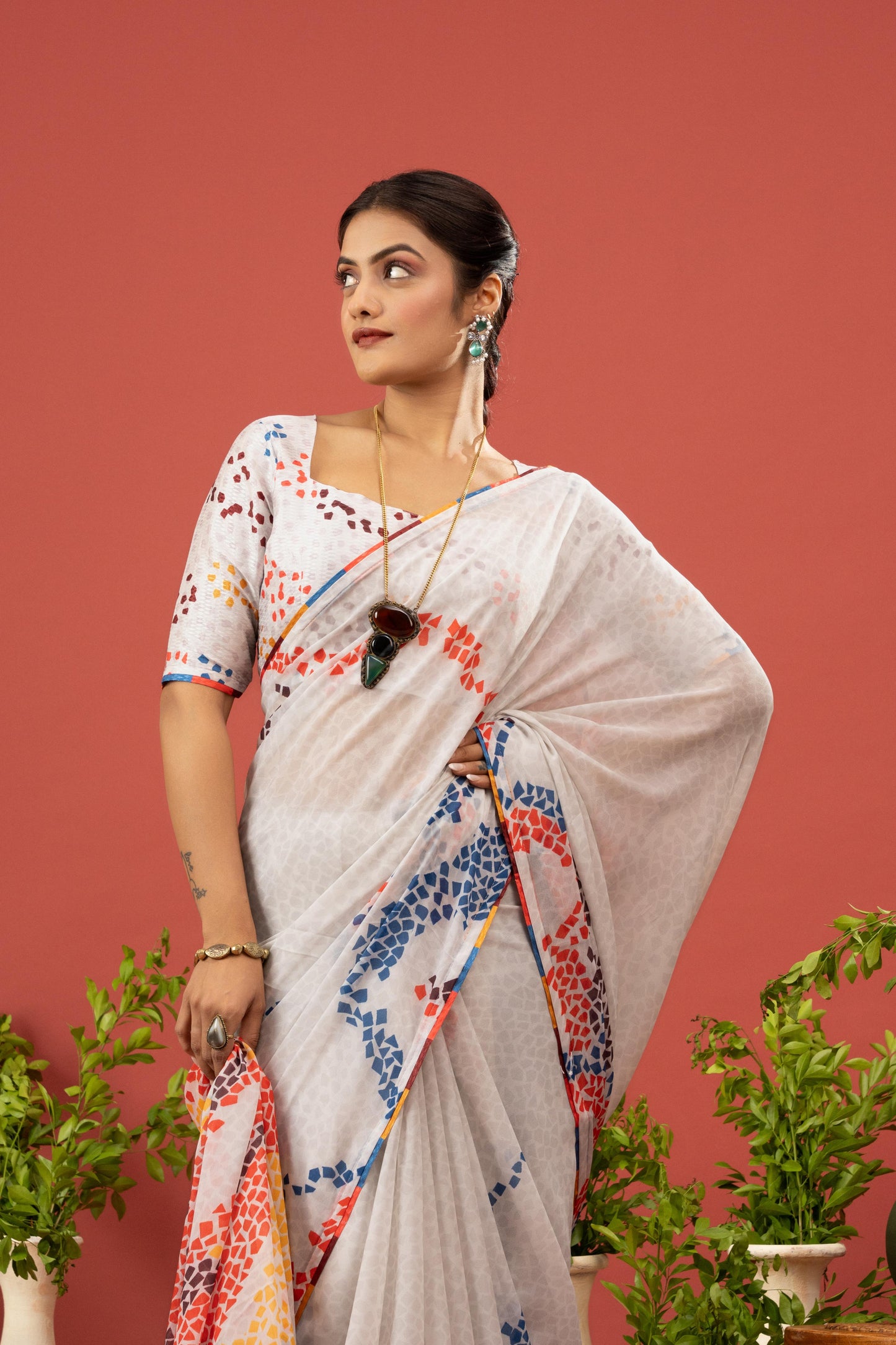MULTICOLOR MOSAIC PRINTED WHITE SAREE