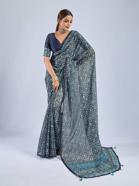 PRODUCT 93: MIDNIGHT TEAL FLORAL GEORGETTE SAREE