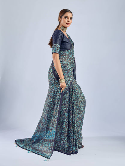 PRODUCT 93: MIDNIGHT TEAL FLORAL GEORGETTE SAREE
