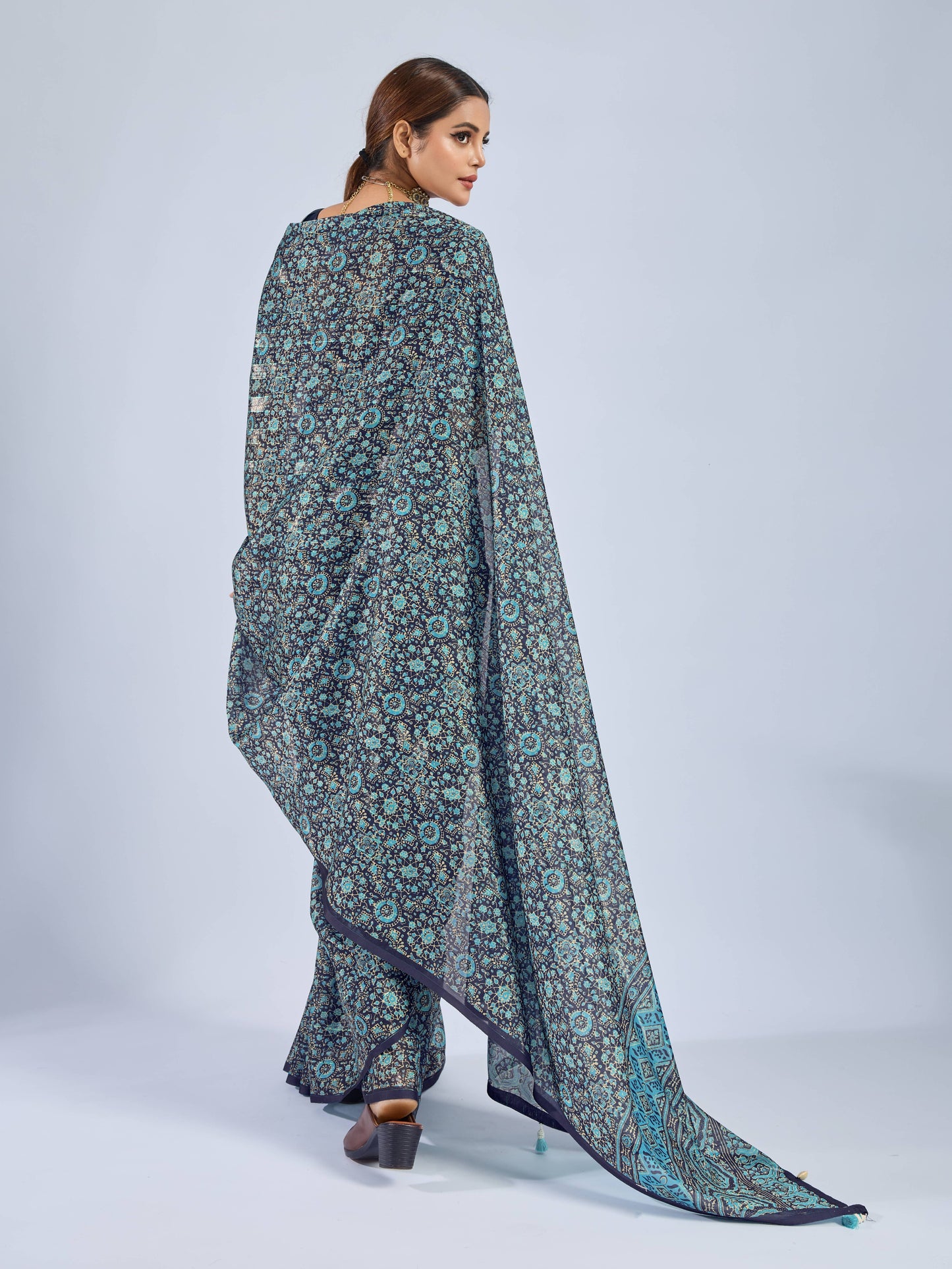 PRODUCT 93: MIDNIGHT TEAL FLORAL GEORGETTE SAREE