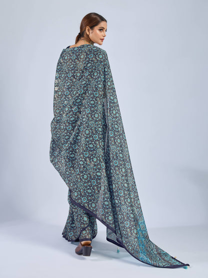 PRODUCT 93: MIDNIGHT TEAL FLORAL GEORGETTE SAREE