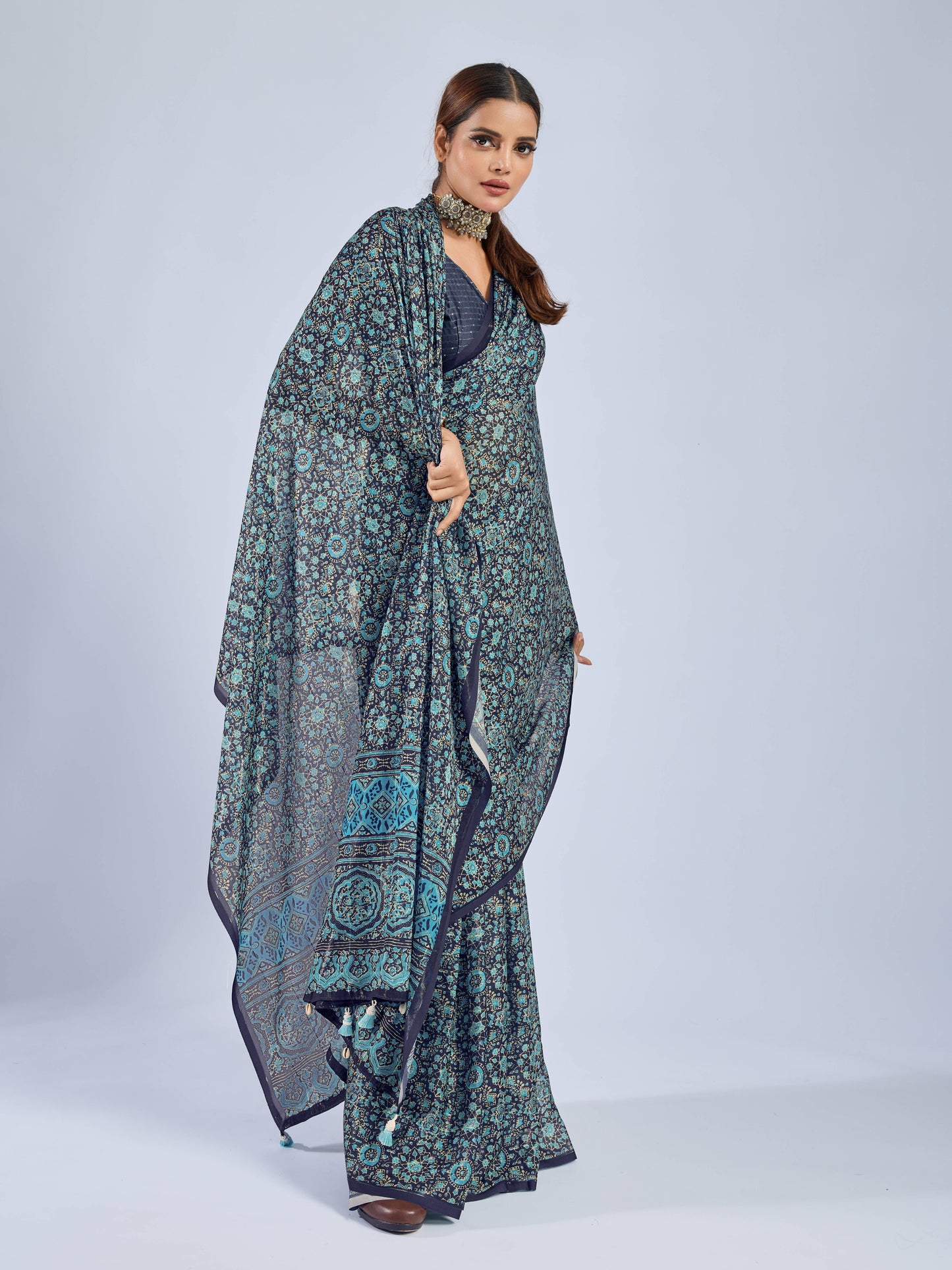 PRODUCT 93: MIDNIGHT TEAL FLORAL GEORGETTE SAREE