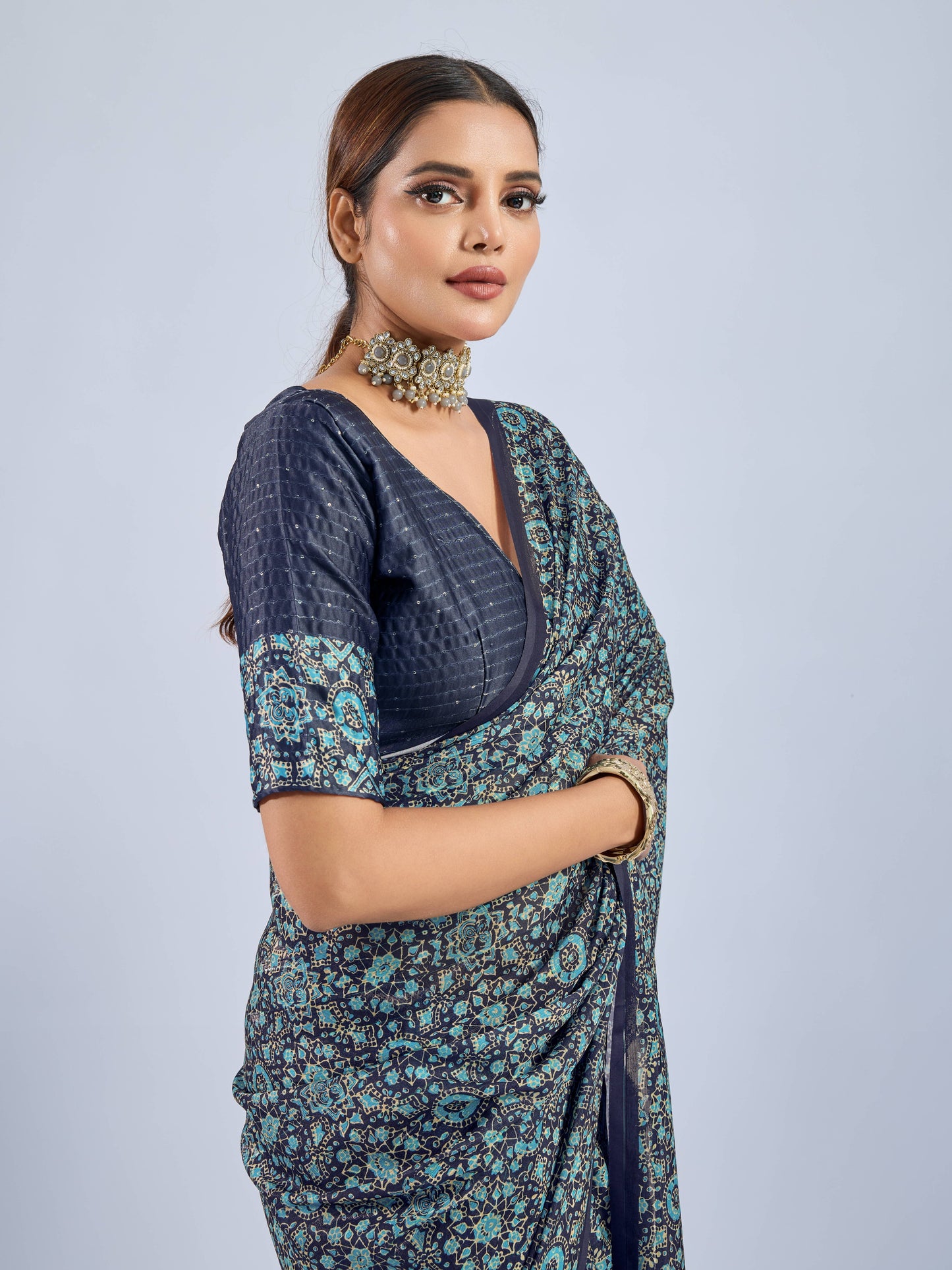PRODUCT 93: MIDNIGHT TEAL FLORAL GEORGETTE SAREE