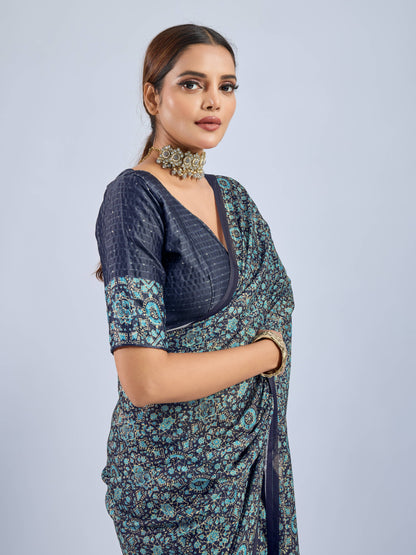 PRODUCT 93: MIDNIGHT TEAL FLORAL GEORGETTE SAREE