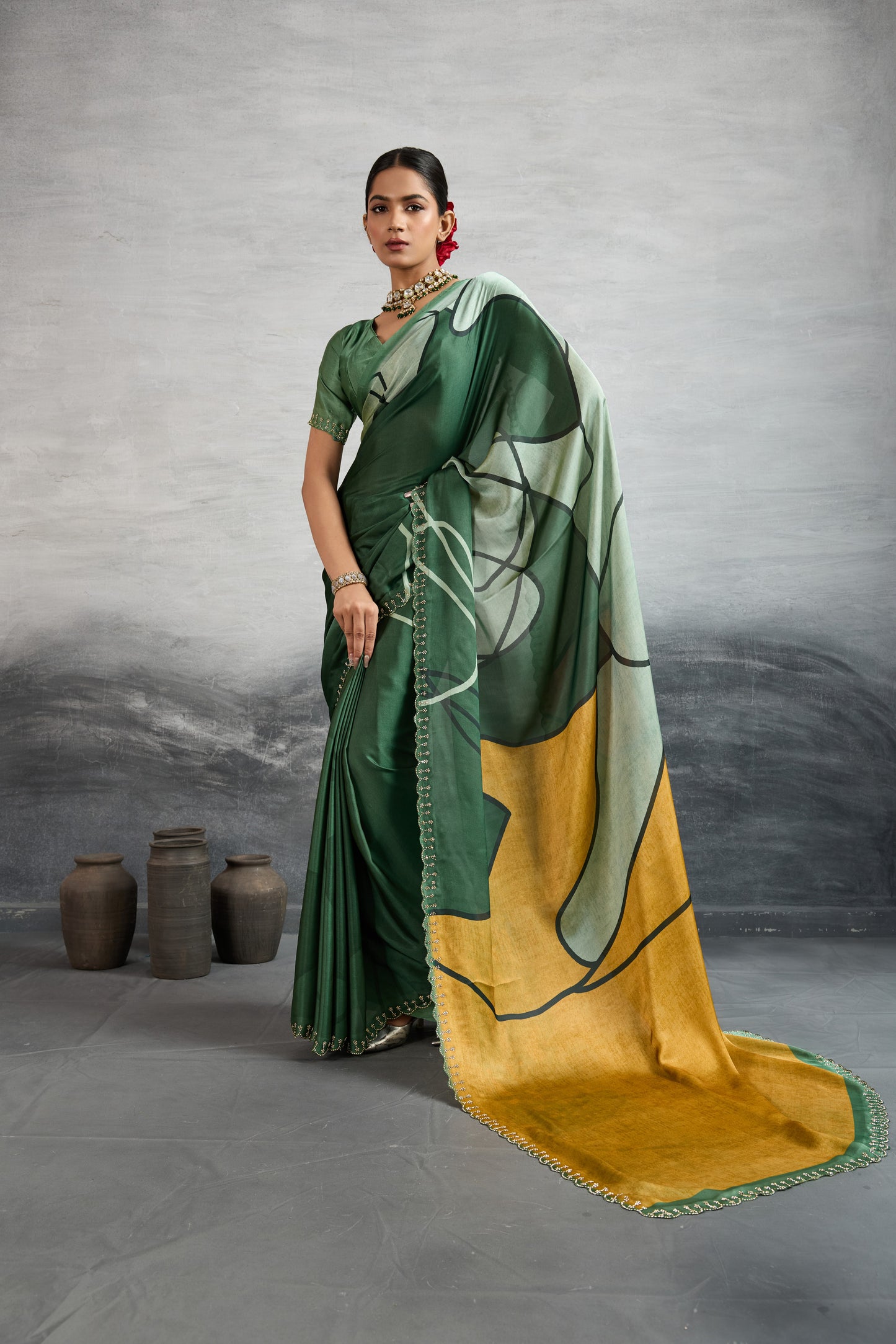 ARTISTIC EMERALD GREEN GEOMETRIC SAREE