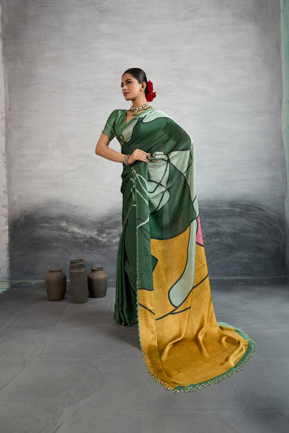 ARTISTIC EMERALD GREEN GEOMETRIC SAREE