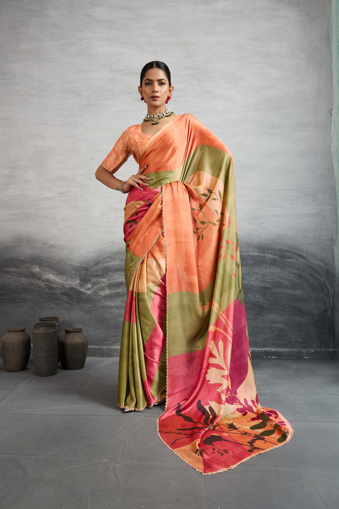 PEACH & OLIVE FLORAL SYMPHONY SAREE