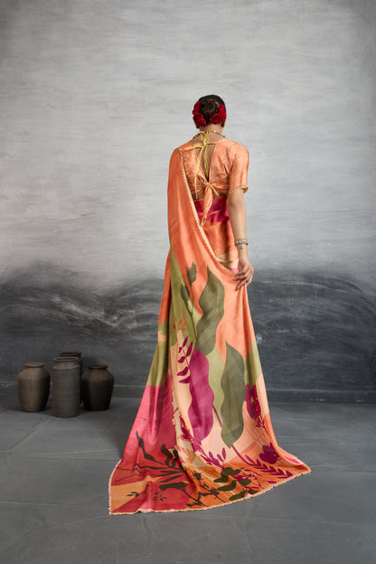 PEACH & OLIVE FLORAL SYMPHONY SAREE