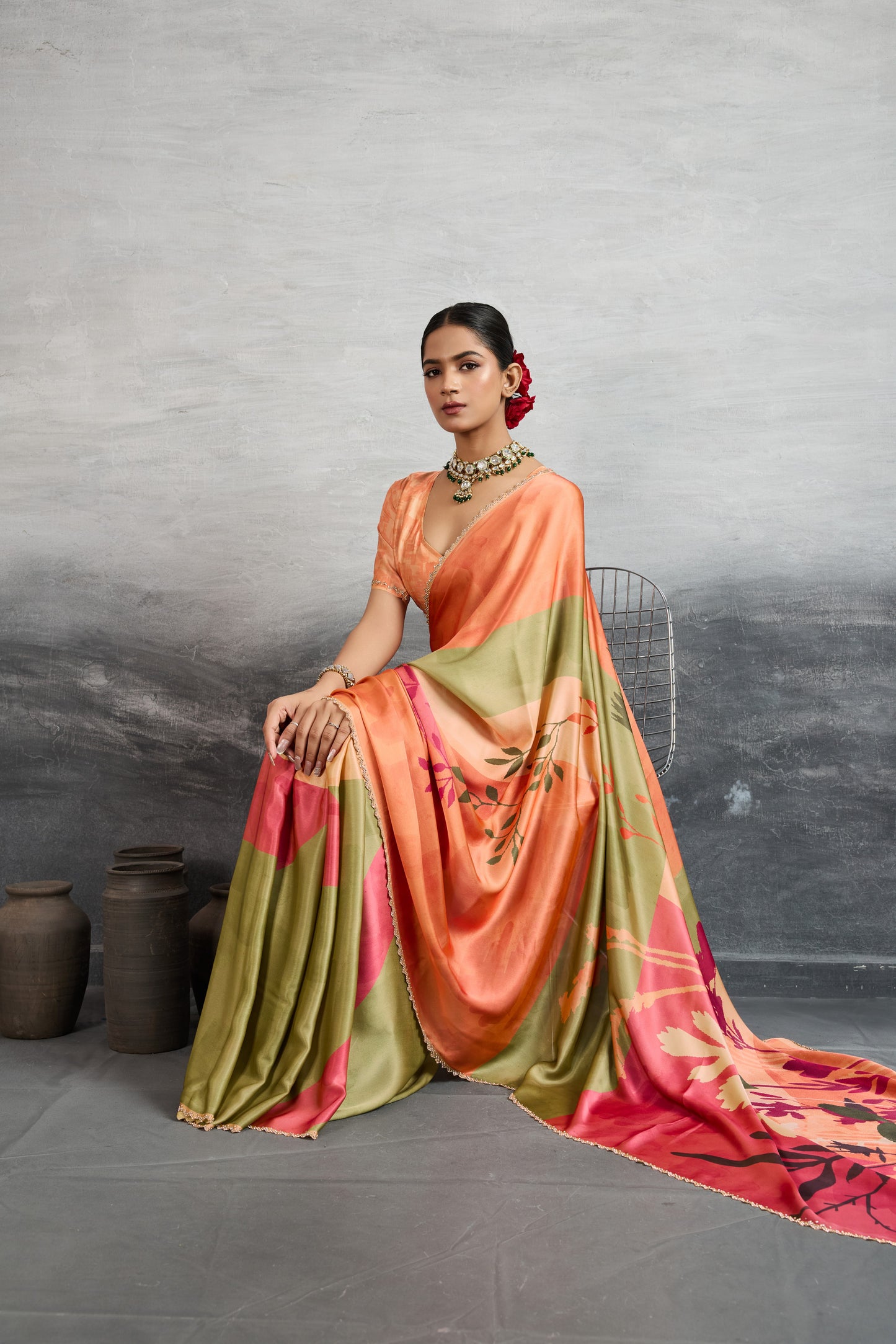 PEACH & OLIVE FLORAL SYMPHONY SAREE