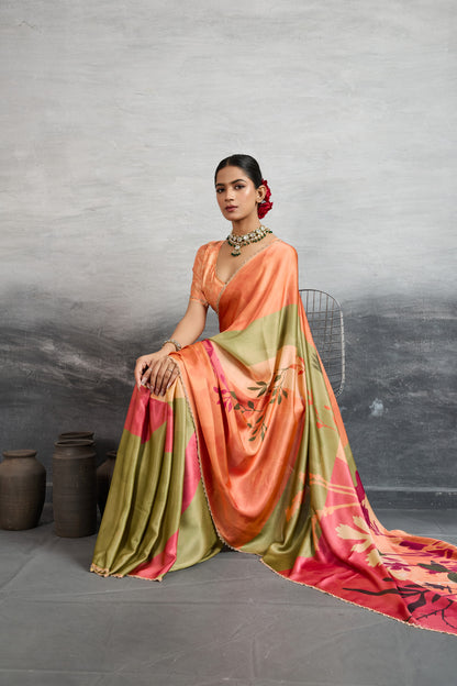 PEACH & OLIVE FLORAL SYMPHONY SAREE