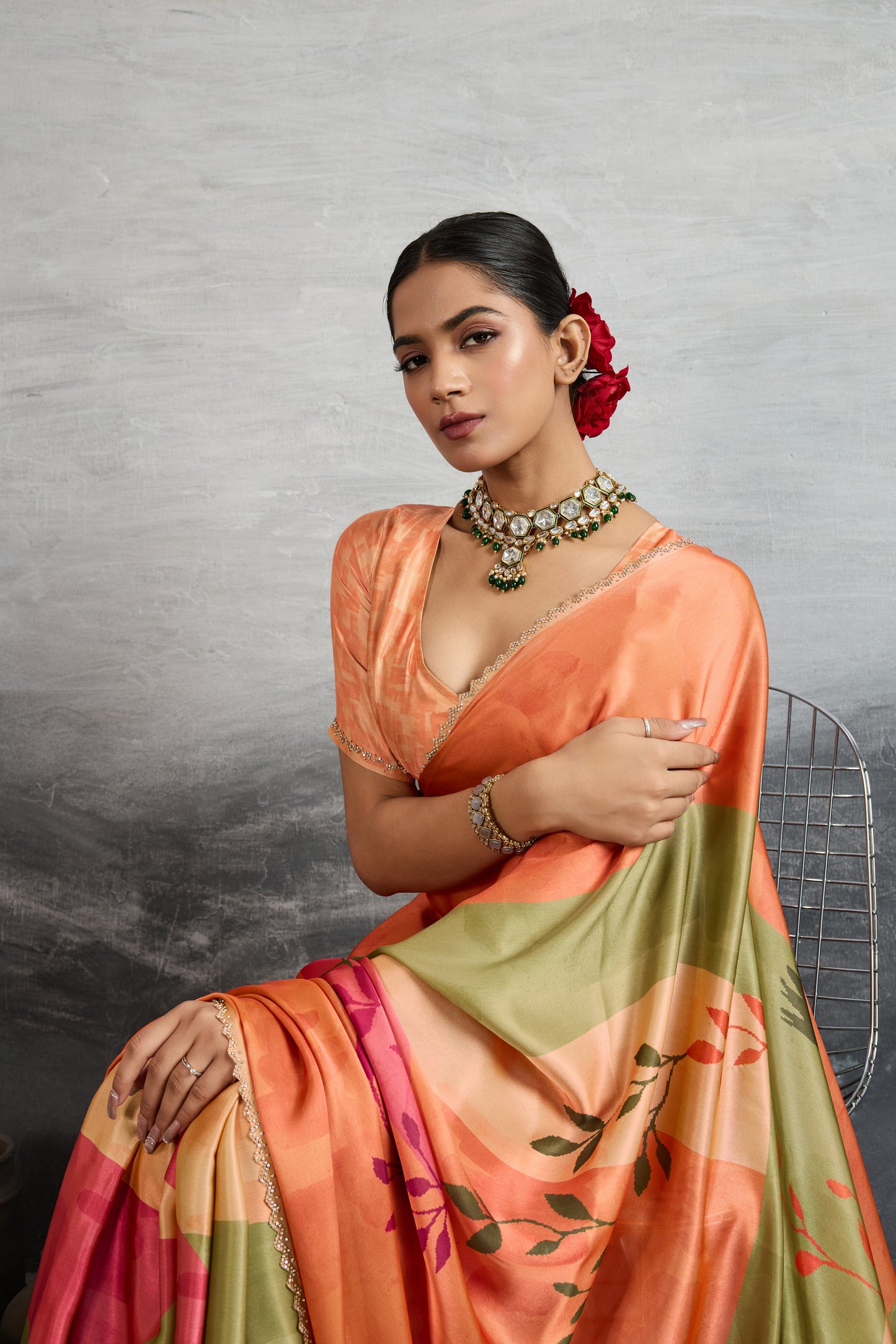 PEACH & OLIVE FLORAL SYMPHONY SAREE