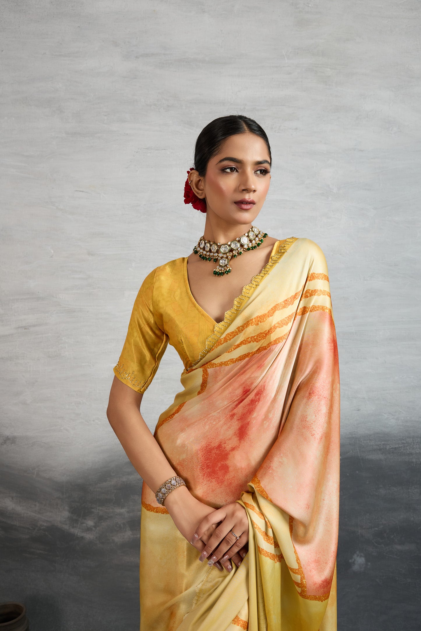 GOLDEN AMBER MARBLE FLUID ART SAREE
