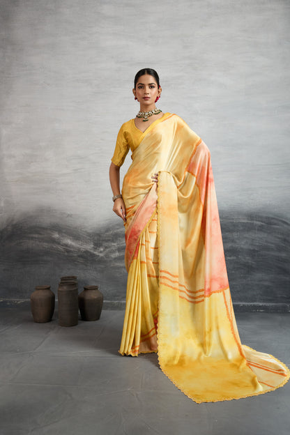 GOLDEN AMBER MARBLE FLUID ART SAREE