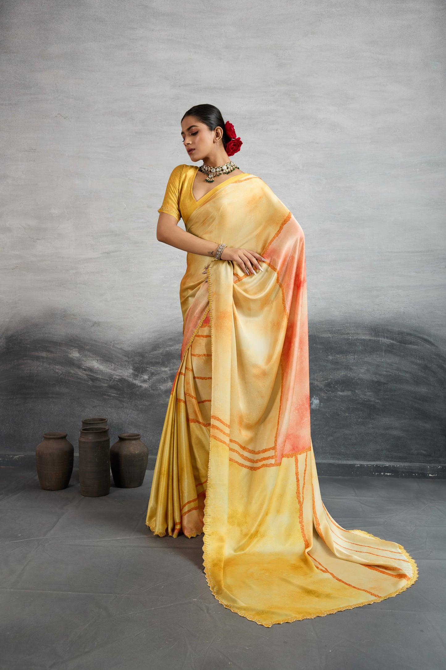 GOLDEN AMBER MARBLE FLUID ART SAREE