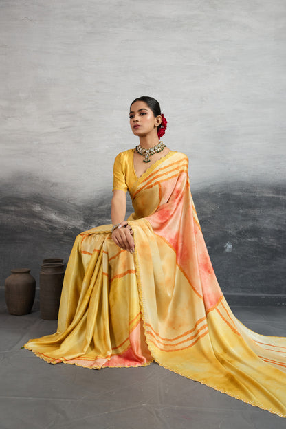 GOLDEN AMBER MARBLE FLUID ART SAREE