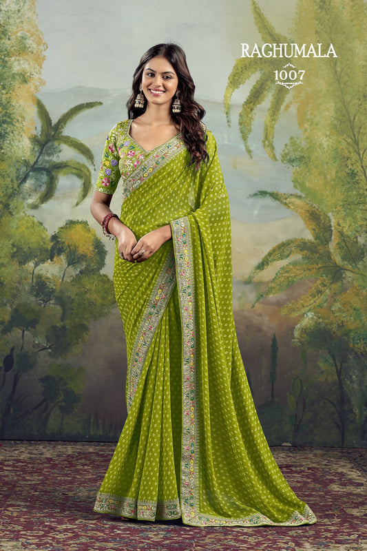Parrot Bloom Bandhani Celebration Saree