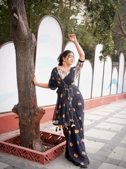 Midnight Noir Printed Elegance Saree