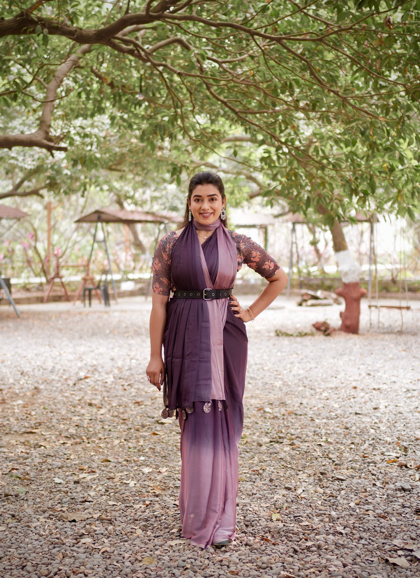 Twilight Plum Ombre Tassel Saree