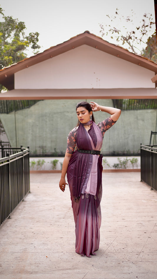 Twilight Plum Ombre Tassel Saree
