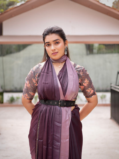 Twilight Plum Ombre Tassel Saree