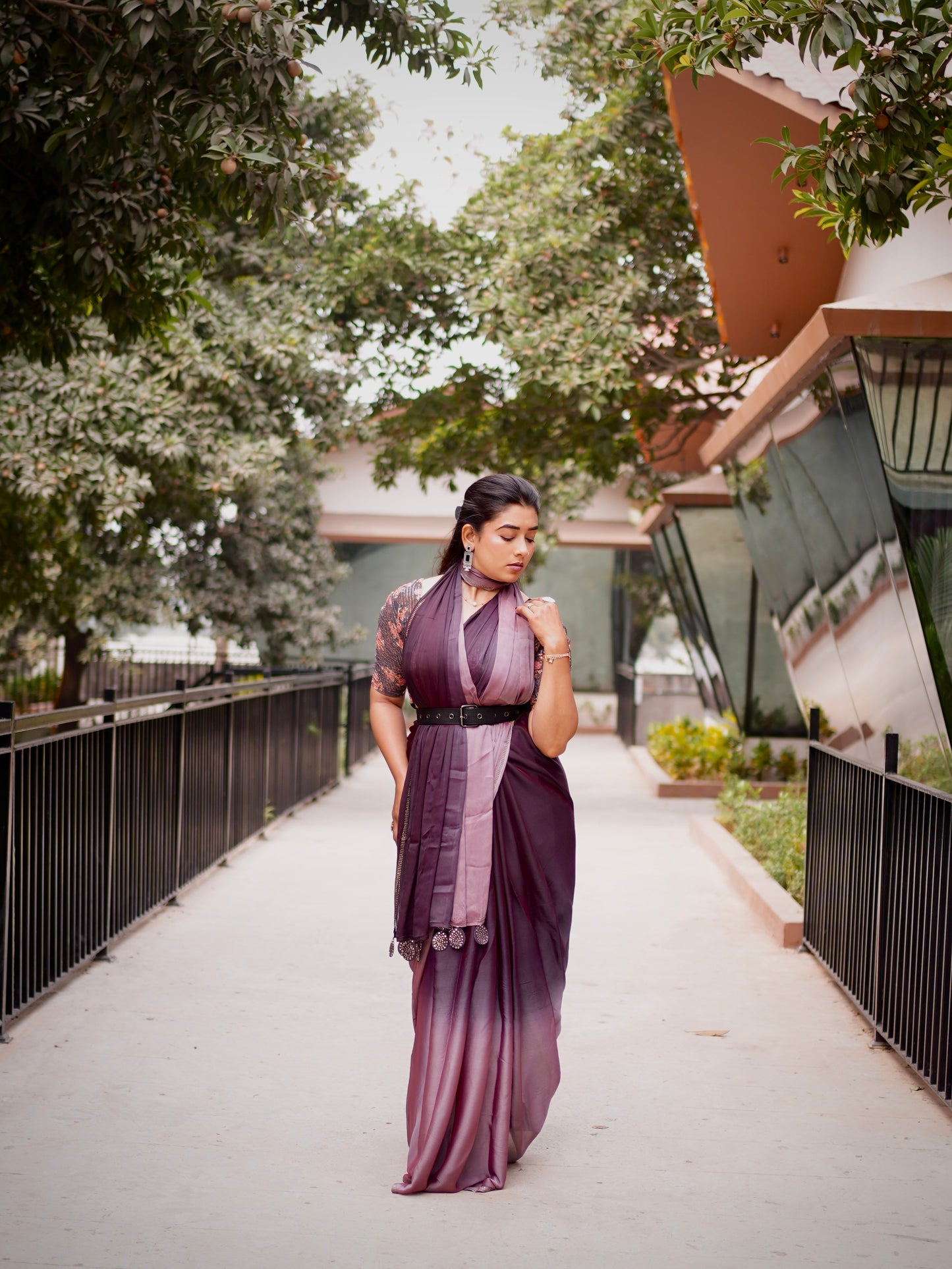 Twilight Plum Ombre Tassel Saree