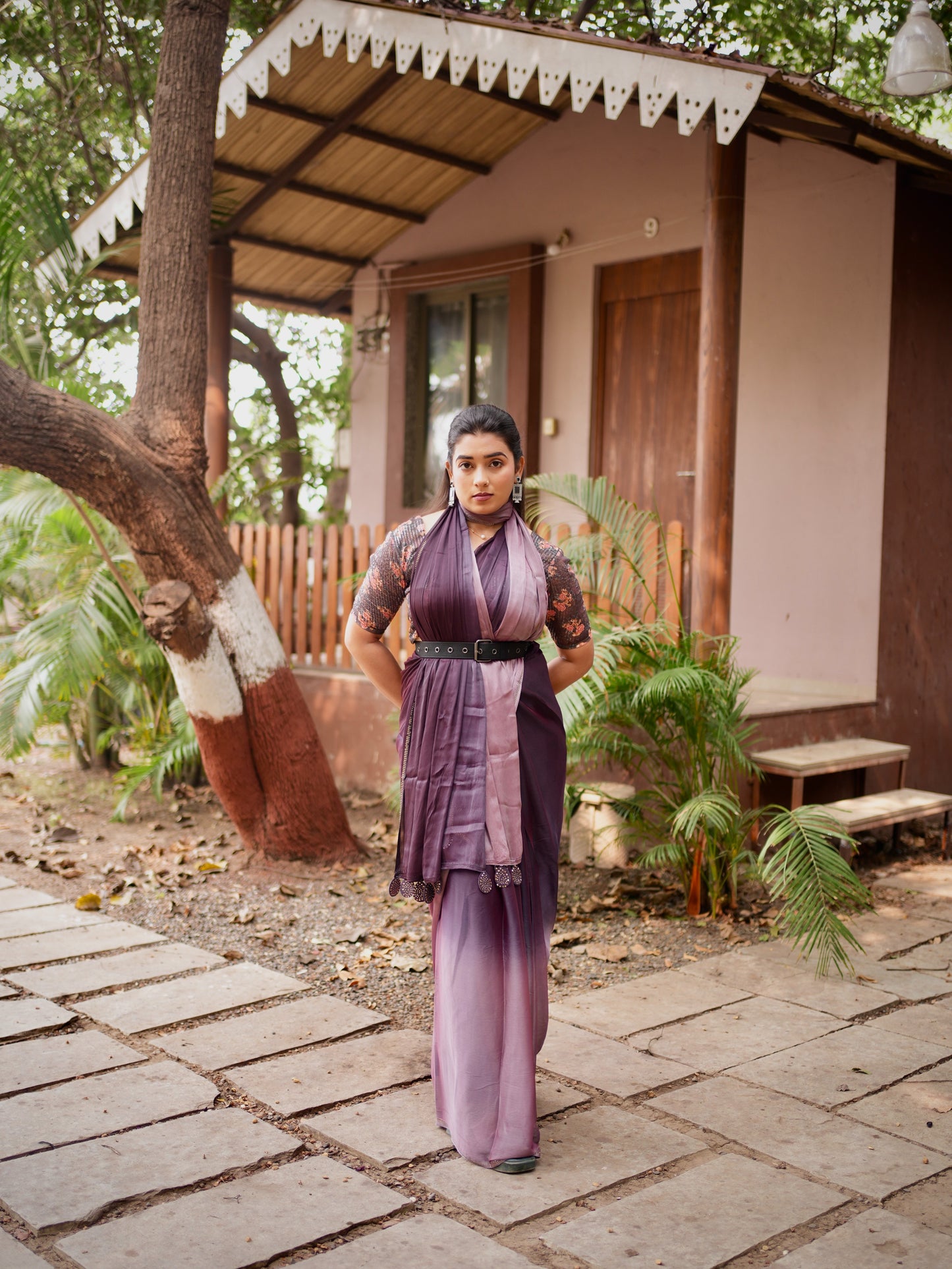 Twilight Plum Ombre Tassel Saree