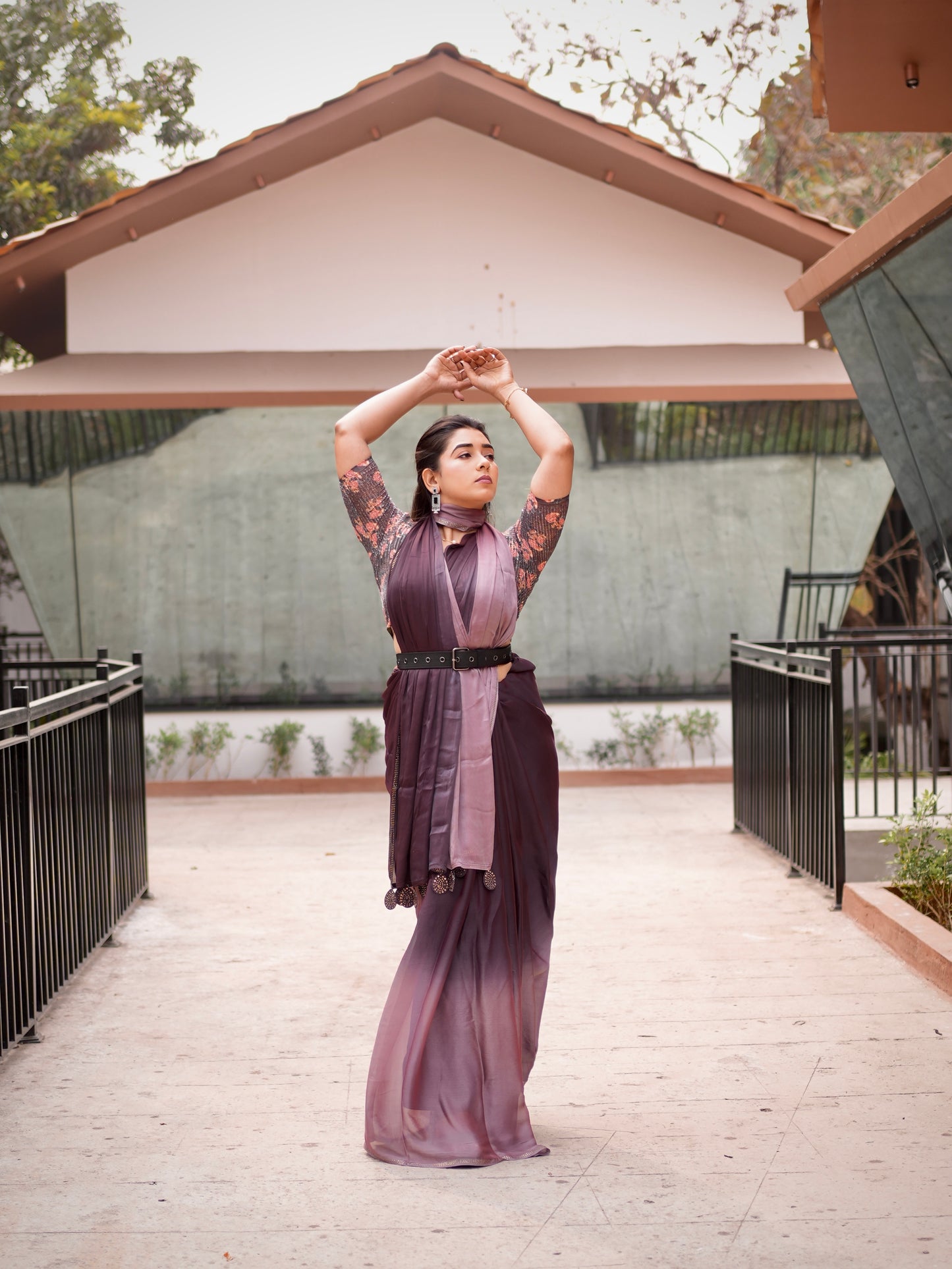 Twilight Plum Ombre Tassel Saree