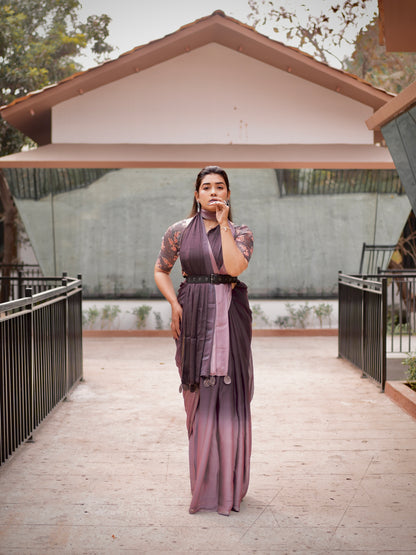 Twilight Plum Ombre Tassel Saree