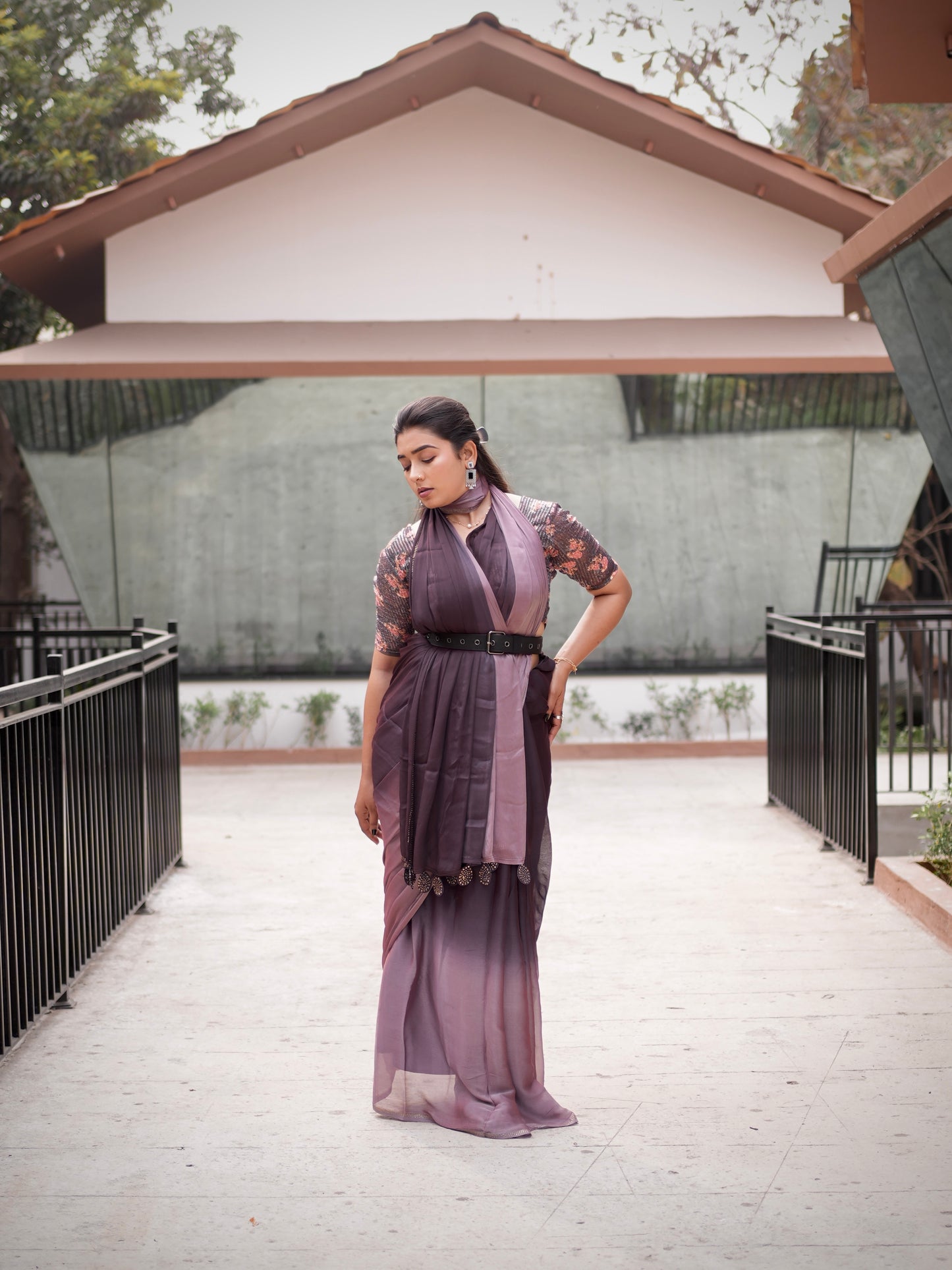 Twilight Plum Ombre Tassel Saree
