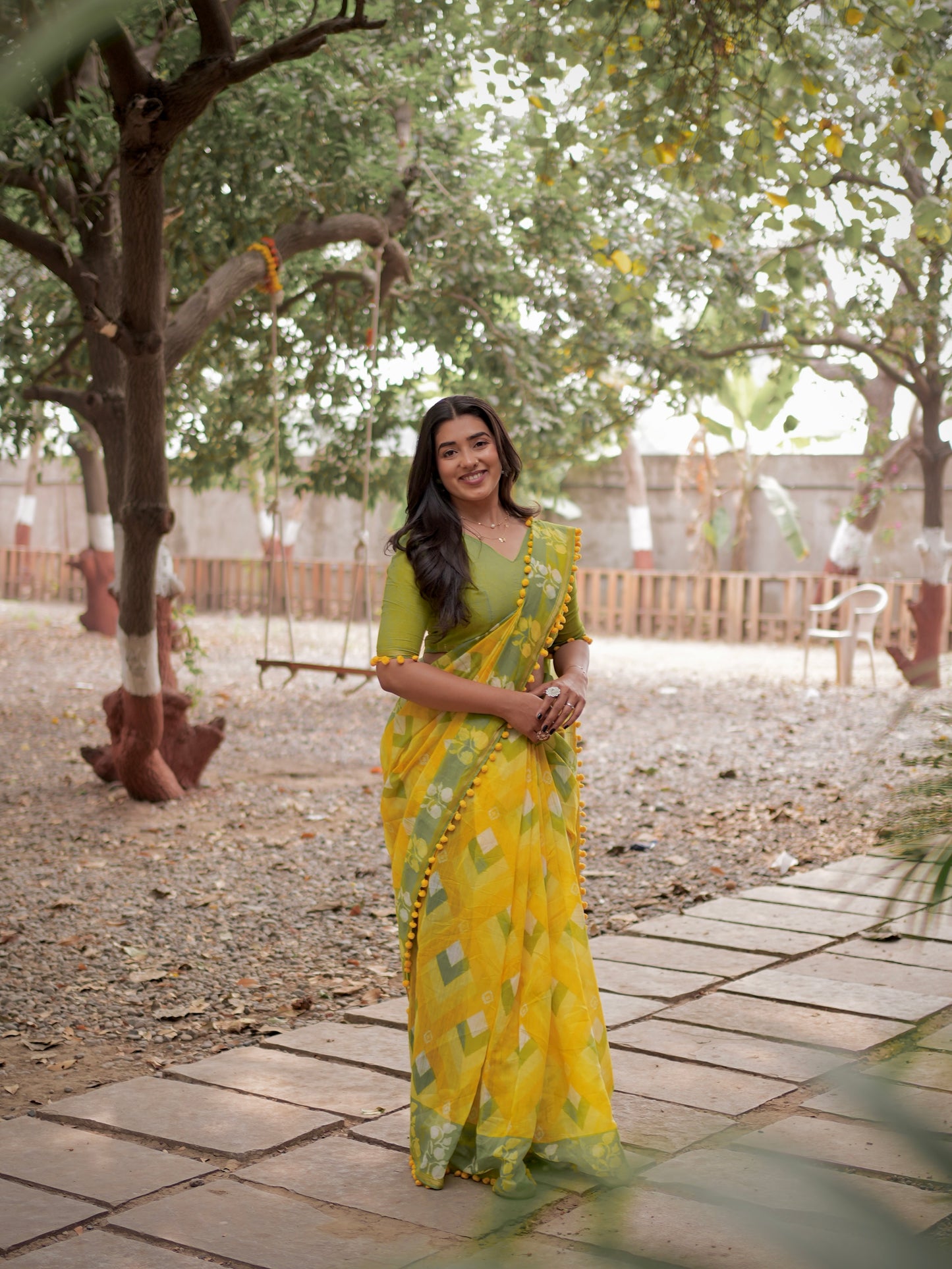 Lime Aura Geometric Tassel Saree