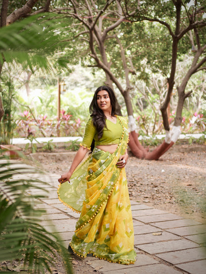 Lime Aura Geometric Tassel Saree