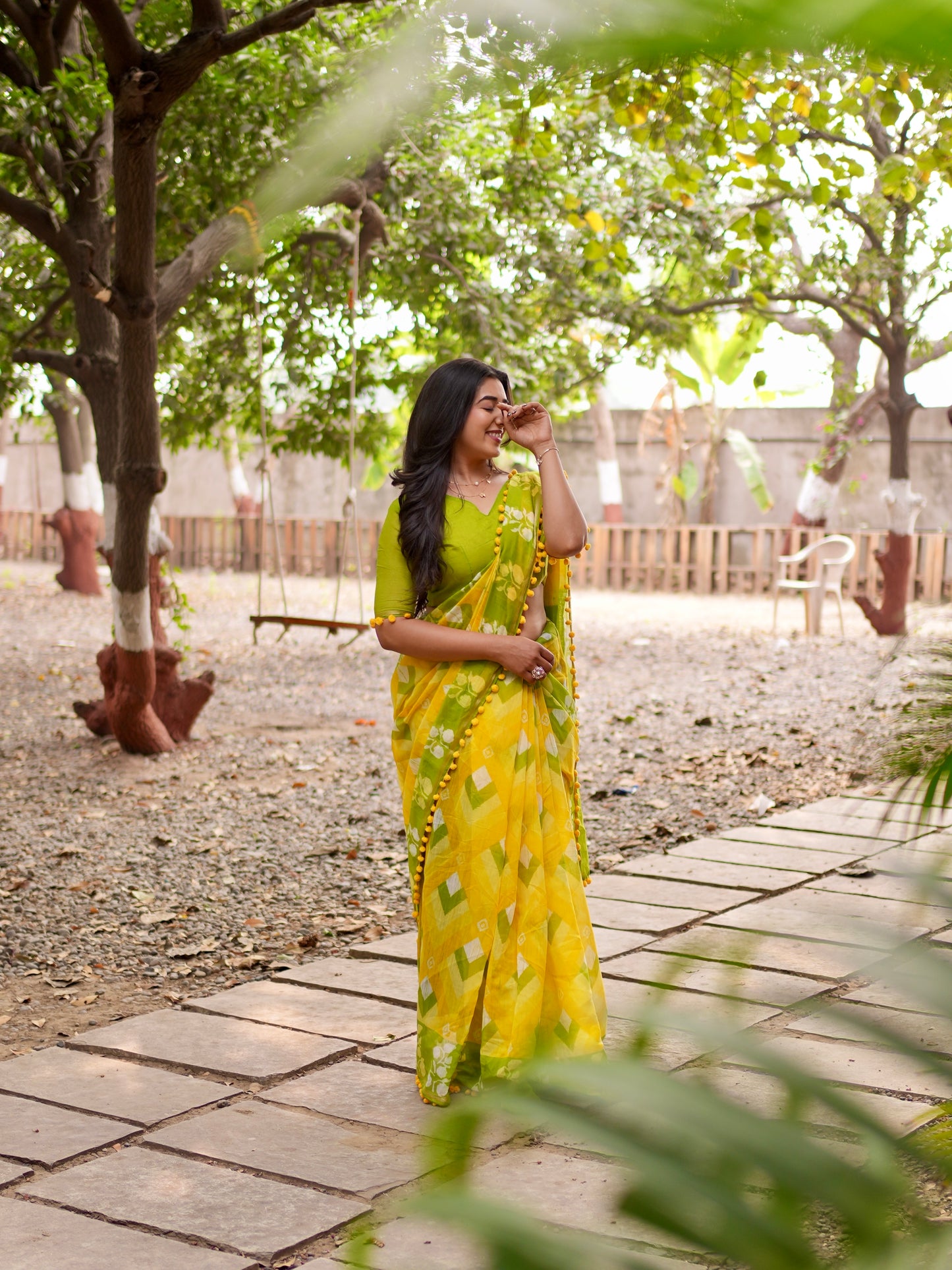 Lime Aura Geometric Tassel Saree