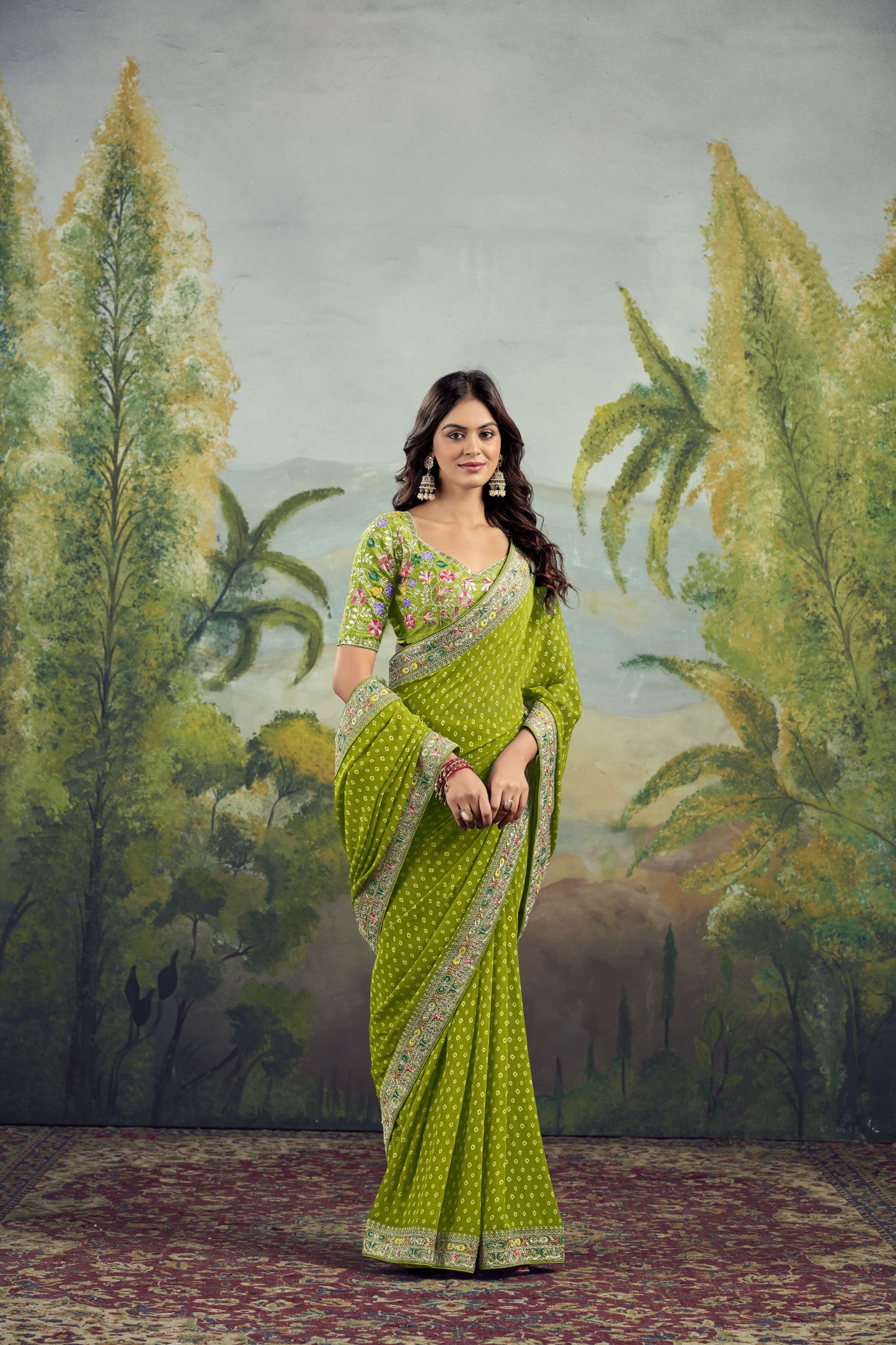 Parrot Bloom Bandhani Celebration Saree