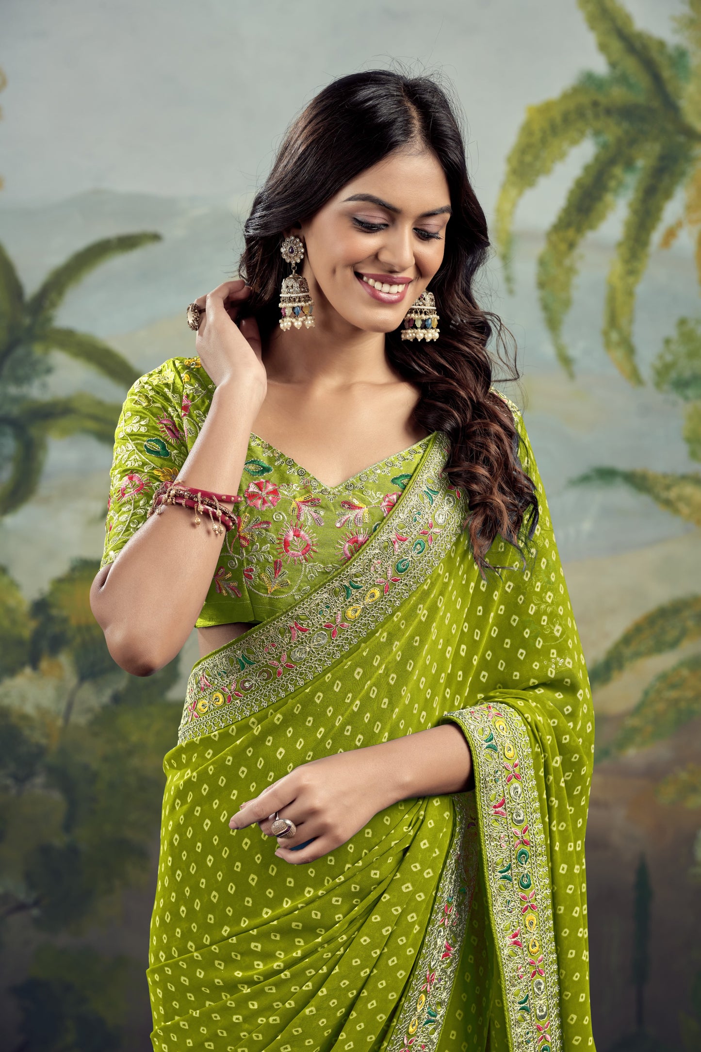 Parrot Bloom Bandhani Celebration Saree
