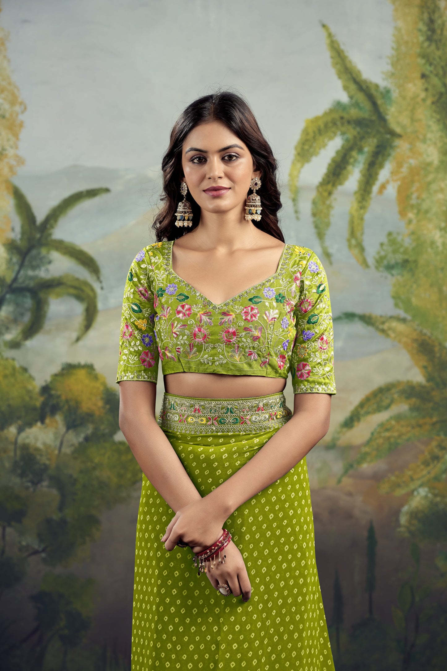 Parrot Bloom Bandhani Celebration Saree