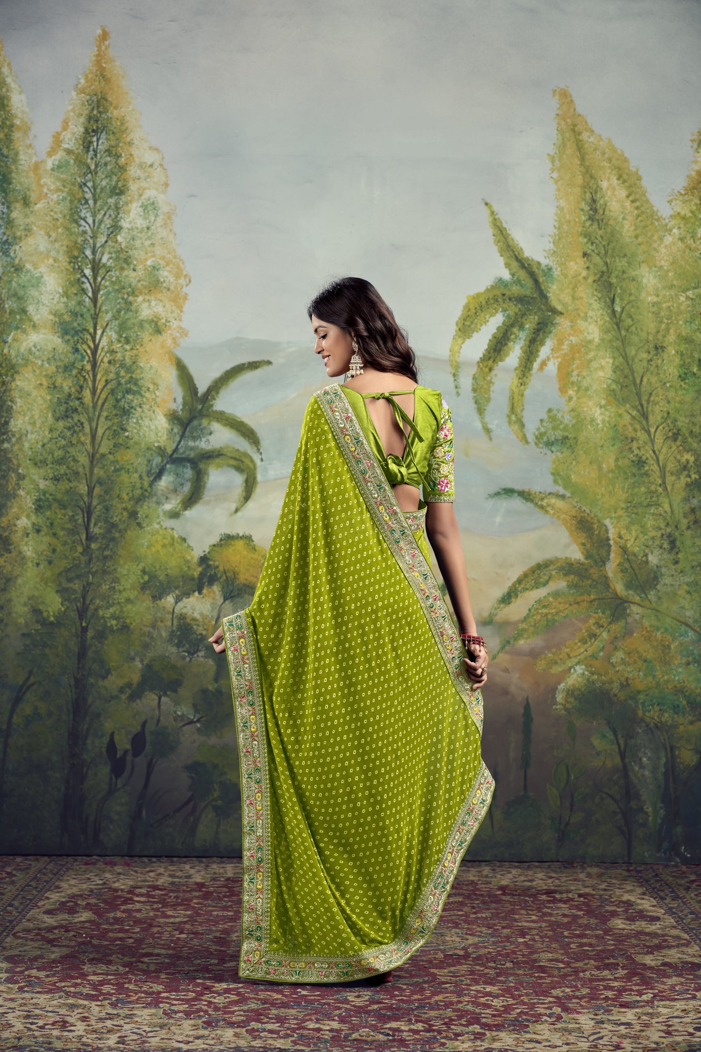 Parrot Bloom Bandhani Celebration Saree