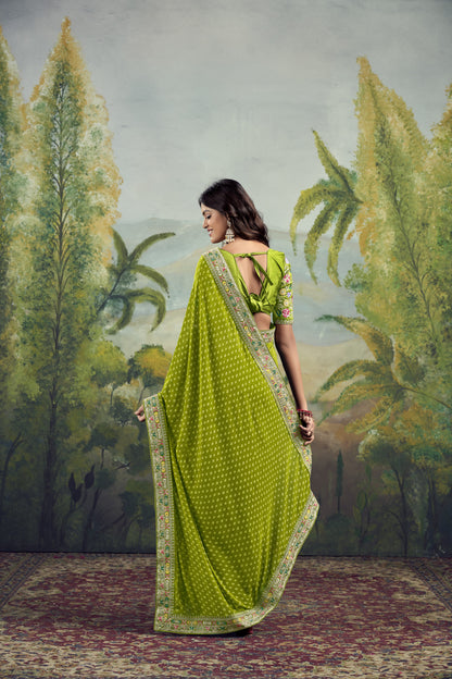 Parrot Bloom Bandhani Celebration Saree