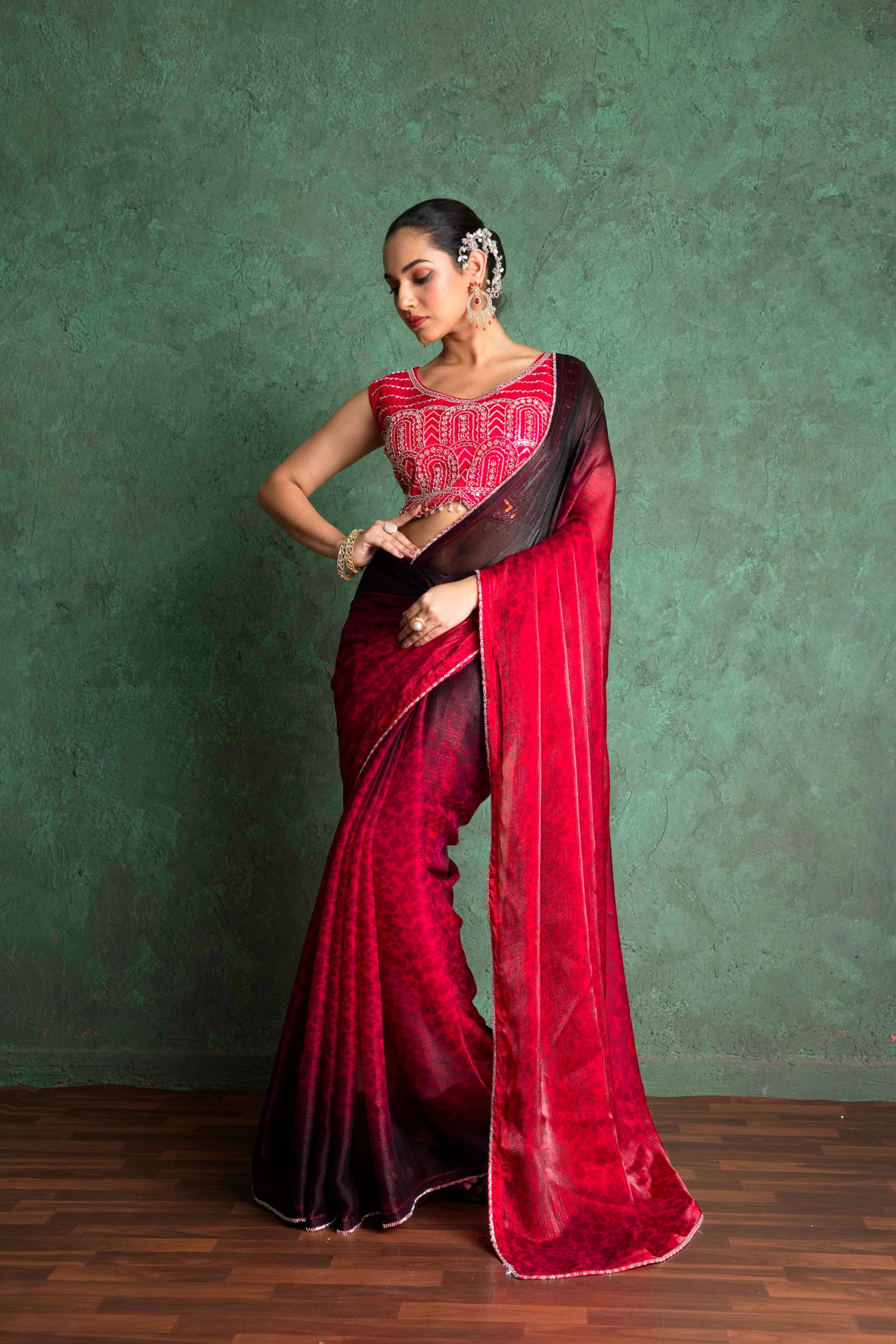 RARIZA RED FENDY SAREE WITH ARTISTIC EMBROIDERY
