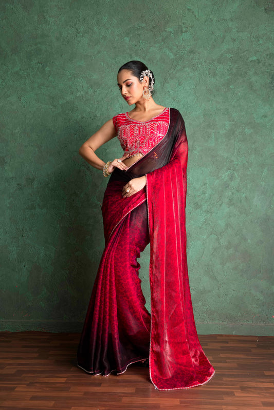 RARIZA RED FENDY SAREE WITH ARTISTIC EMBROIDERY