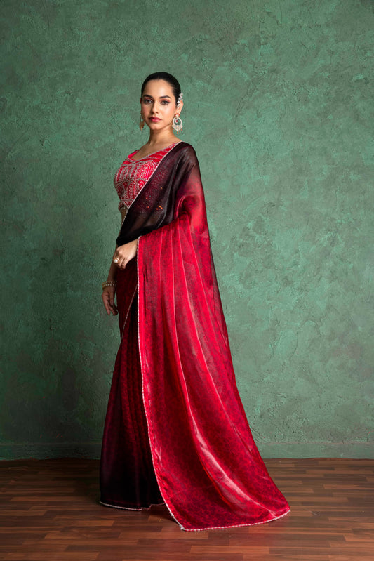 RARIZA RED FENDY SAREE WITH ARTISTIC EMBROIDERY