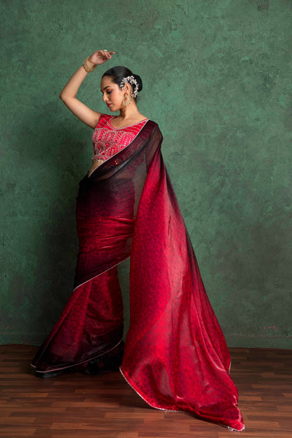 RARIZA RED FENDY SAREE WITH ARTISTIC EMBROIDERY
