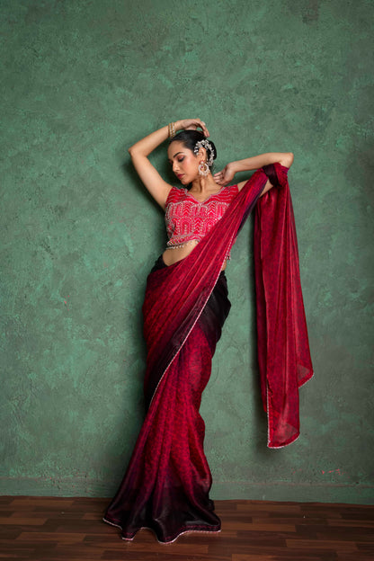 RARIZA RED FENDY SAREE WITH ARTISTIC EMBROIDERY