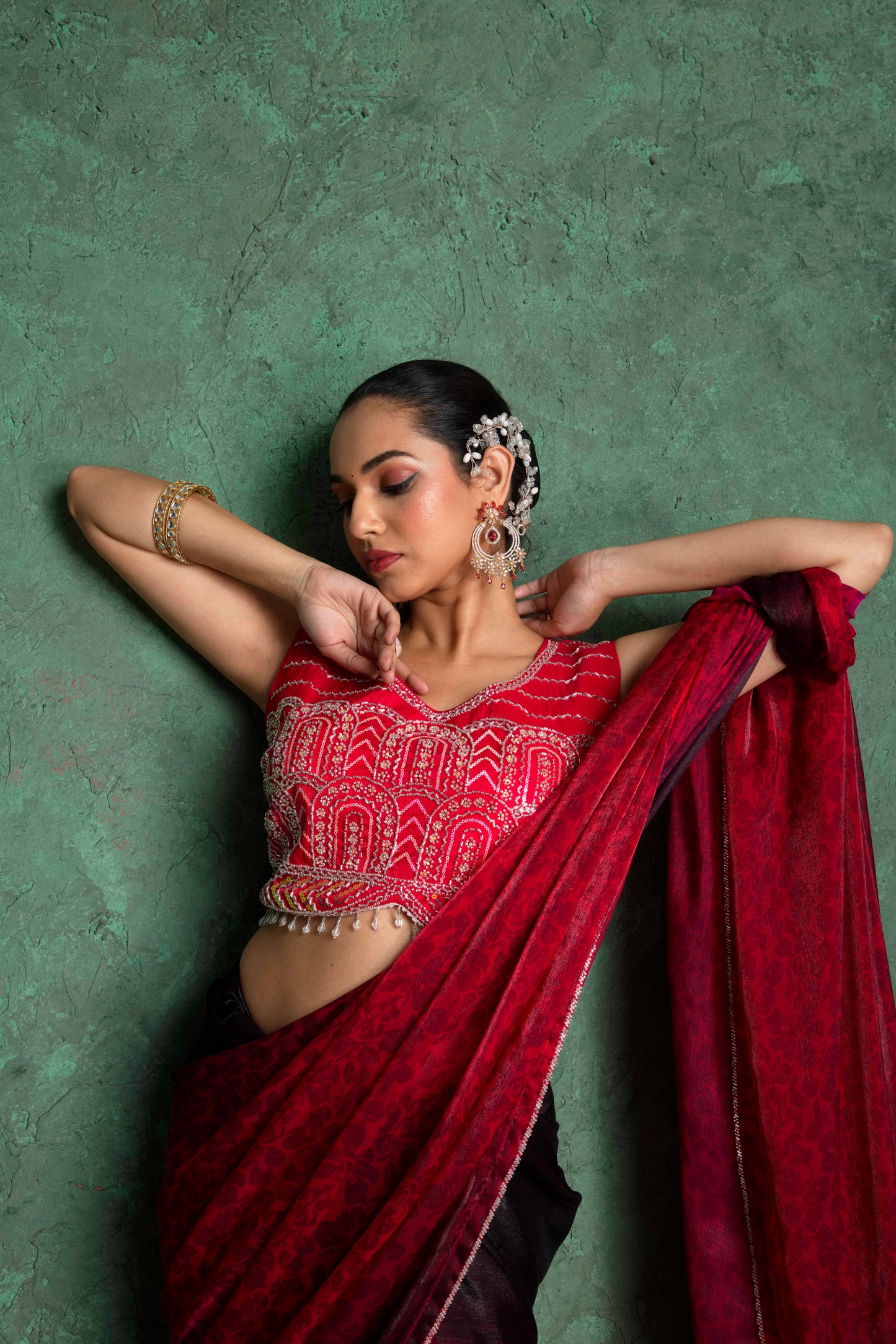 RARIZA RED FENDY SAREE WITH ARTISTIC EMBROIDERY