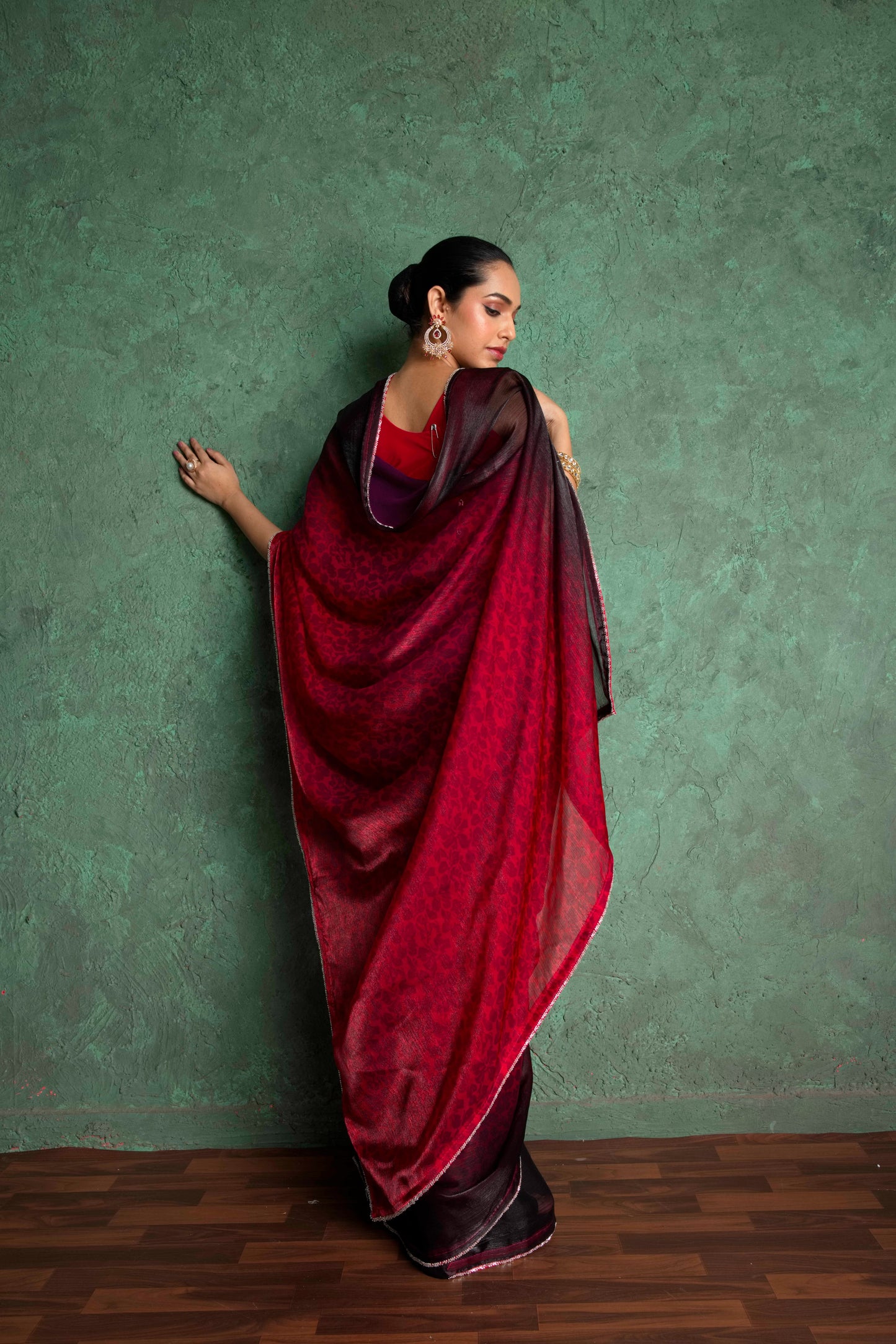 RARIZA RED FENDY SAREE WITH ARTISTIC EMBROIDERY