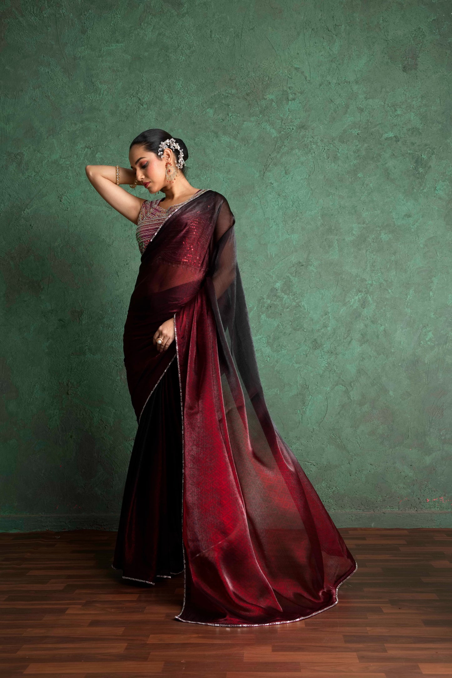 RARIZA SEQUIN EMBELLISHED WINE SAREE
